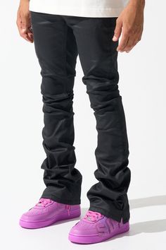 SERENEDE® "CAVIAR" wax stacked jeans feature a fitted silhouette with a stacked finish. DETAILED FEATURES: Stretchability: LOW (SIZE UP ONE SIZE) Black denim with a wax coating Stacked ankle finish Signature "leather" waistband label SERENEDE® branded hardware Five-pocket styling Zipper fly 5.5" W Ankle opening Designed in California Imported Material: 98% Cotton | 2% Spandex FIT INFO: Signature SKINNY fit [ SIZE UP ONE SIZE ] Inseam sizes 28" - 34" = 32"L sizes 36" - 44" = 34"L Model is 5'4" / Stacked Jeans Fit Men, Black Stacked Jeans Men, Black Slim Fit Elastane Jeans, Stacked Jeans, Luxury Washed Black Men's Jeans, Luxury Washed Black Jeans For Men, 7 Jeans, Fitted Silhouette, Black Denim