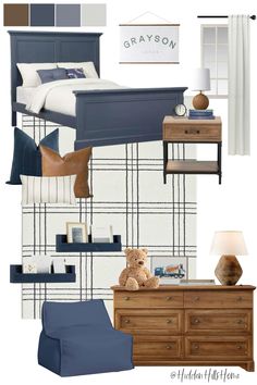 a bedroom with blue furniture and plaid wallpaper, including a teddy bear on the dresser