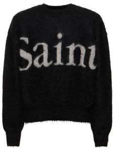 Ribbed collar, cuffs and hem. Front logo detail. Model is wearing a sizeM Saint Michael, St Michael, Black Rib, Crewneck Sweater, Black Sweaters, Crew Neck Sweater, Black Men, Crew Neck, Luxury Fashion