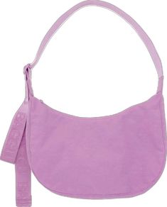 A pinkish purple crescent shaped nylon handbag with an adjustable strap. Trendy Long Strap Bag For On-the-go, Pink Satchel Baguette Bag With Detachable Strap, Pink Shoulder Bag With Single Strap, Pink Single Shoulder Strap Bag For Daily Use, Pink Everyday Baguette Satchel Bag, Everyday Pink Satchel Baguette Bag, Pink Satchel Baguette Bag For Everyday, Trendy Pink Shoulder Bag With Single Strap, Pink Double Handle Baguette Bag For Travel