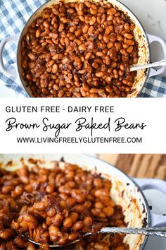 baked beans in a pan with spoons and text overlay that reads gluten free dairy free brown sugar baked beans