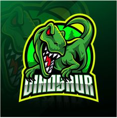 the dinosaur logo for a sport team on a dark background with green and yellow colors