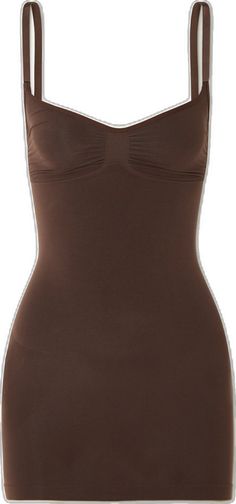 Elegant Fitted Seamless Tank Top, Fitted Seamless Tank Top For Daywear, Fitted Solid Color Camisole For Daywear, Brown Fitted Tops With Built-in Bra, Fitted Seamless Elastane Camisole, Elegant Brown Camisole, Brown Stretch Seamless Tank Top, Elegant Stretch Smoothing Camisole, Brown Fitted Top With Built-in Bra