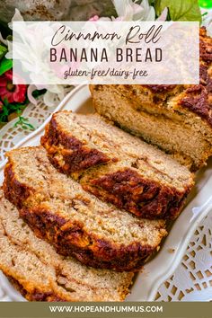 sliced banana bread on a white plate with flowers in the background and text overlay