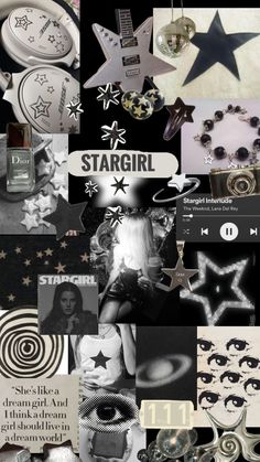 the collage shows many different items in black, white and grey colors with stars on them