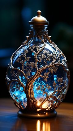 a glass vase with a tree inside on a wooden table next to a lit candle