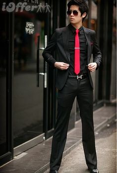 Outfit With Tie, Gatsby Outfit, Black Blazer Outfit, Men Moda, Satin Shirts, Black Costume, Mens Outfit Inspiration, Slim Shady, Red Tie