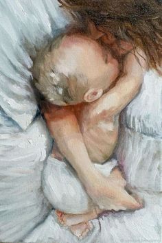 a painting of a woman holding a baby on top of a white bedding sheet