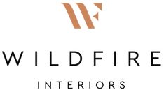 the wildfire interiors logo is shown in black and white, with an orange arrow above it