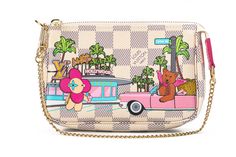 Louis Vuitton Mini Pochette Accessoires In White Crafted from Damier Azur canvas. The Mini Pochette features a limited edition print of the house mascot Vivienne visiting Hollywood. In front of the LV Diner, she watches as a California bear arrives in a vintage automobile. The item is new and comes with the original box and dust cover. Louis Vuitton Vivienne, Louis Vuitton Mini Pochette, Canvas Clutch, Mini Handbag, Louis Vuitton Damier Azur, Chain Wallet, Louis Vuitton Pochette, Mini Handbags, Wallet Chain