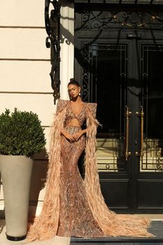 Annabella Beautiful Feather Touch Golden Evening Dress Feather Touch, Gala Dresses, Glam Dresses, Evening Dresses Long, Couture Collection, Fancy Dresses, Ball Dresses, Stunning Dresses, Dream Dress