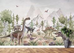 an image of dinosaurs in the forest wallpaper mural