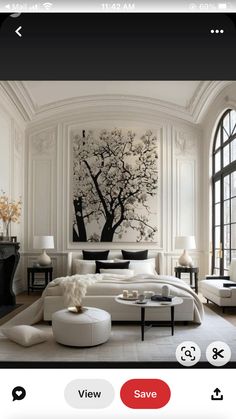 an image of a bedroom with white furniture and paintings on the wall, including a large tree