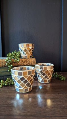 three vases sitting on top of a wooden table next to books and planters