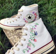 Custom Converse Embroidered Shoes Converse Chuck Taylor 1970s Embroidered Wisteria Flowers & Butterflies  Converse Shoes Best Gift for Her Welcome to my shop. The products in our shop are all original hand embroidered pieces. Our embroidery styles are 100% original. If you see the same embroidery work in other shops, it is copied and violates our shop's intellectual copyright, so please support the originality. Thank you for your support. If the shoe itself does not have a date and name, there i Embroidered Wisteria, Gemma Core, Embroidered Shoes Converse, Cute Converse Shoes, Embroidery Styles, Wisteria Flowers, Embroidered Converse, Cute Converse, Run With Me