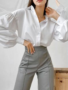 Elegant Chiffon Long Sleeve Blouse Chiffon Shirts, Boho Wear, Balloon Sleeve Shirt, Basic Blouses, Loose Fit Blouse, Balloon Sleeve Top, Women's Button Down Shirt, Elegant Blouses, Bishop Sleeve