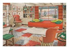 a drawing of a living room filled with furniture