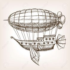 an old hot air balloon flying over the sea with a boat and umbrellas on it