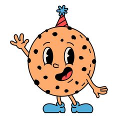 a cookie wearing a party hat and blue boots with his hands up in the air