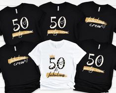 five black and gold 50th birthday shirts with the number 50 on them, all in different font styles