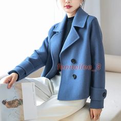 Women's Double-Sided Woolen Coat Short Autumn Double Breasted Casual Jacket | eBay Short Wool Coat Women, Fur Clothing, Blue Coat, Sandals Slippers, Basic Jackets, Pants White, Fall Coat, Skirt White, Woolen Coat