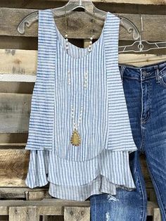 Blue Striped Casual Layered Hem Sleeveless Tank Top Summer Goddess, Denim Short Jumpsuit, Flowy Dresses, Two Piece Jumpsuit, Cool Summer Outfits, Fashion Crafts, Fashion Catalogue, Summer Tank, Tops Casual