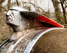 a close up of a metal statue with trees in the backgrouds behind it