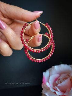 Genuine Ruby Gold Hoop earrings, Gemstone earrings for women, Gemstone Hoop earrings, Genuine Ruby Gemstone, Birthday gifts for her, Christmas gifts These charming, elegant and attractive gold /14K/ hoop earrings made of genuine 3 mm ruby.  Hoops size - 4 cm. Hoop Crystal Earrings For Gifts, Crystal Hoop Earrings Gift, Handmade Crystal Hoop Earrings For Gift, Anniversary Birthstone Hoop Earrings, Wire Wrapped Hoop Earrings For Party, Handmade Small Hoop Crystal Earrings, Hoop Earrings With Ear Wire For Valentine's Anniversary, Wire Wrapped Dangle Hoop Earrings As Gift, Wire Wrapped Hoop Earrings For Jewelry Making