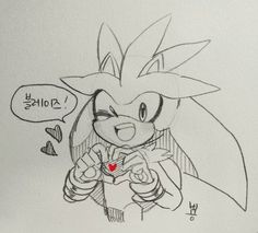 a drawing of sonic the hedgehog holding a red heart in his hand and saying i love you