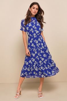 Blue Floral Midi Dress, Midi Dress Formal, Tiered Skirts, Halter Midi Dress, Floral Print Midi Dress, Adhesive Bra, Print Midi Dress, Civil Wedding, Midi Short Sleeve Dress