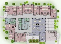 the floor plan for an office building with multiple floors and several rooms, all in different colors