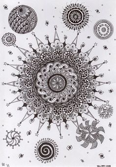 an intricate drawing with many different shapes and sizes on it's surface, including the center