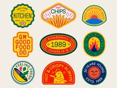 various stickers with different logos and colors on white background, including the words g & m good food