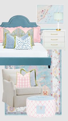 a bedroom with blue and pink accents