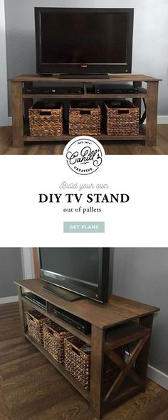 the diy tv stand is made out of wood and has baskets underneath it for storage