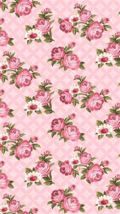 pink roses and white daisies are on a light pink background with diamond - like shapes