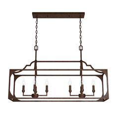 a large rectangular light fixture with five lights hanging from the ceiling and an iron frame