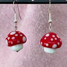 Cute Glass Mushrooms On 925 Sterling Silver Wires. Handmade. Red Mushroom Design Jewelry Gift, Red Mushroom Design Earrings Gift, White Mushroom Design Earrings As Gift, White Mushroom Design Earrings For Gift, Cute White Earrings With Mushroom Design, White Earrings With Mushroom Design As Gift, Cute White Mushroom Design Earrings, Whimsical White Mushroom Design Earrings, Unique White Mushroom Design Jewelry