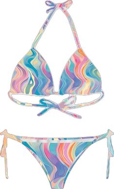 Rainbow Beachwear For Sunbathing, Multicolor Tie-side Tankini For Pool, Fitted Multicolor Tankini With Tie-side Bottom, Multicolor Tie-side Bottom Tankini For Pool, Rainbow Swimwear For Beach, Rainbow Swimwear For The Beach, Summer Rainbow Swimwear For Vacation, Rainbow Triangle Top Swimwear For Swimming, Rainbow Beachwear For Swimming