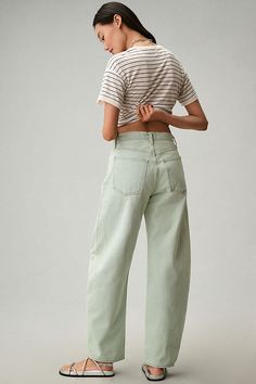 100% regenerative cotton Five-pocket styling Button front Machine wash Imported | Luna High-Rise Tapered Jeans by AGOLDE in Green, Women's, Size: 28, Cotton at Anthropologie Spring Cotton Button-up Bottoms, Chic Green Cotton Jeans, Mid-rise Cotton Bottoms With Buttoned Pockets, Green Relaxed Fit Jeans With Hip Pockets, Relaxed Fit Button-up Bottoms For Everyday, Green Relaxed Fit Jeans, Cotton Button-up Jeans With Patch Pockets, Button-up Cotton Jeans With Patch Pockets, Green Workwear Jeans With Welt Pockets