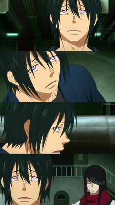 an anime character with black hair and red eyes, staring at something in the distance