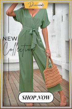 Fashion Casual Skinny Women Jumpsuit for Summer Women Jumpsuit New V Neck Lace-up Solid Waist Short Sleeve Jumpsuit Belted V-neck Jumpsuits And Rompers For Vacation, V-neck Belted Jumpsuits And Rompers For Vacation, Belted V-neck Jumpsuit For Vacation, Green Solid Color Jumpsuits And Rompers For Vacation, Trendy Solid Color One-piece Jumpsuits And Rompers, Green Belted Jumpsuits And Rompers For Summer, Summer Green Belted Jumpsuits And Rompers, Chic Belted Green Jumpsuits And Rompers, Chic Green Belted Jumpsuits And Rompers