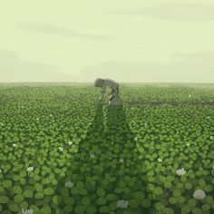 a painting of a person in a field with clovers on the ground and grass growing all around