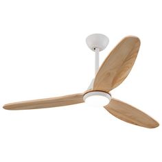 a white ceiling fan with wooden blades and a light on the top of it's blades