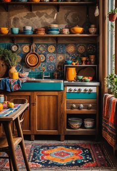 a kitchen with lots of colorful dishes on the shelves and an area rug in front of it