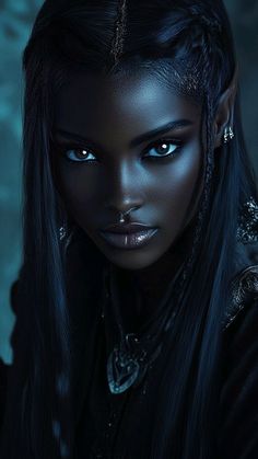 Mystical Human Creatures, Faces Expressions Reference, Goddess Character Inspiration, African Models Photoshoot, Poc Vampires, Reference Black Woman, Female Seraphim, Blue Eyes Black Hair Girl, White Makeup Looks Black Women