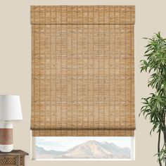 a bamboo blind in front of a window with a plant on the table next to it