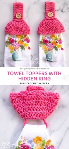 two crocheted tea bags with flowers on them and the words towel toppers with hidden ring