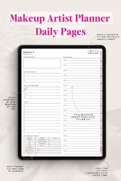 the makeup artist planner daily pages is displayed on a tablet screen with text overlay