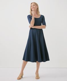 Women’s Fit & Flare Double Scoop Dress made with Organic Cotton | Pact Stretch Midi Dress With Scoop Neck, Solid Scoop Neck Stretch Dress, Solid Color Stretch Dress With Scoop Neck, Fitted Scoop Neck Dress For Fall, Fitted Scoop Neck Fall Dress, Solid Color Scoop Neck Elastane Dress, Solid Color Elastane Dress With Scoop Neck, Floral Fit, French Navy